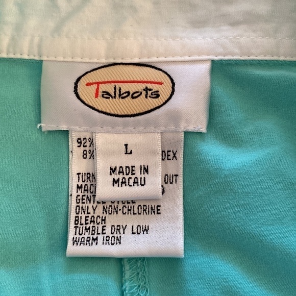 Talbots teal and white collared sleeveless shirt. Snap front closure. Large
C - Picture 6 of 7